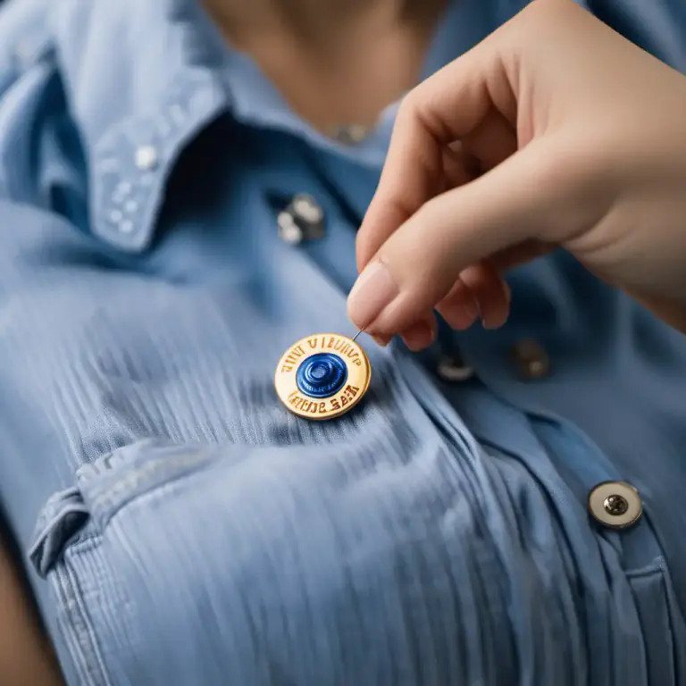 Visual representation of "pin on" - Attach something to something else using a pin.