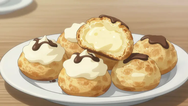 Visual representation of "profiterole" - A small, round pastry made from choux dough filled with cream, typically served as a dessert.
