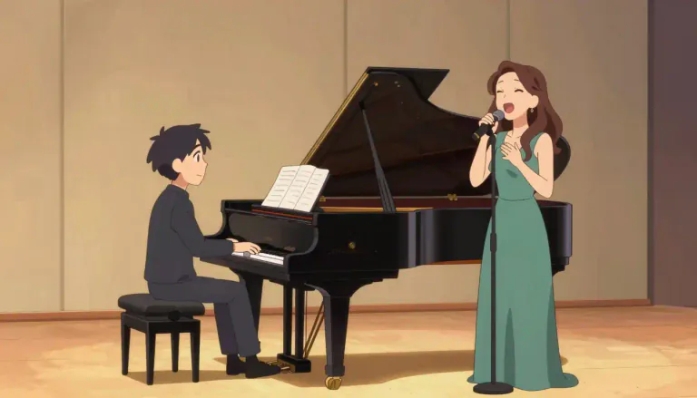 Visual representation of "accompanist" - A person who plays a musical instrument while another person sings or plays the main part
