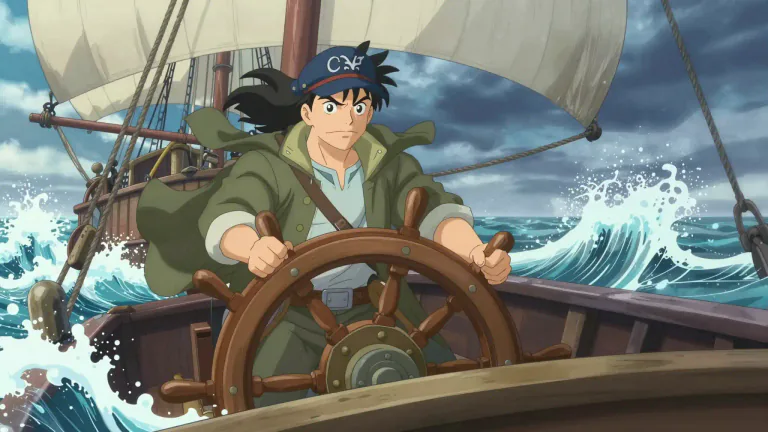 Visual representation of "take the helm" - To start steering a ship