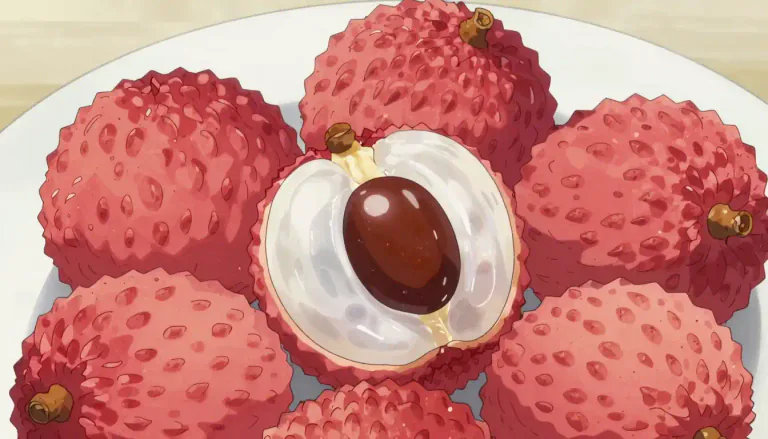 Visual representation of "lychee" - A small rounded fruit with sweet white scented flesh, a large central stone, and a thin rough skin.