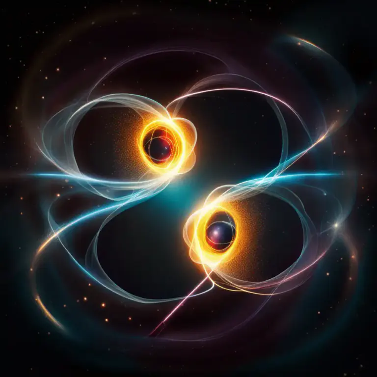 Visual representation of "entanglement" - a quantum state of two particles in which a change to one of the particles is instantly reflected in the other, regardless of the distance between them