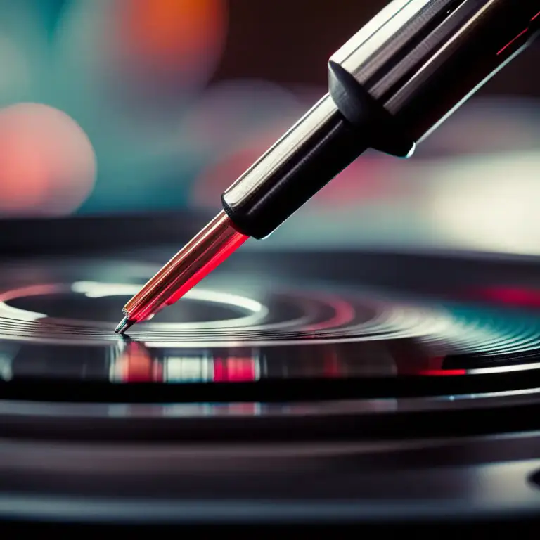 Visual representation of "needle" - The thin, pointed piece of metal on a record player that touches the record to produce sound