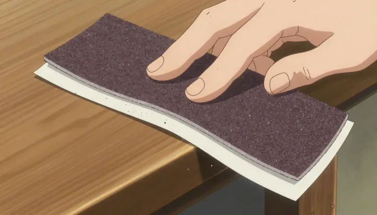 Visual representation of "sandpaper" - A strong paper coated with sand or another abrasive material, used for smoothing or polishing