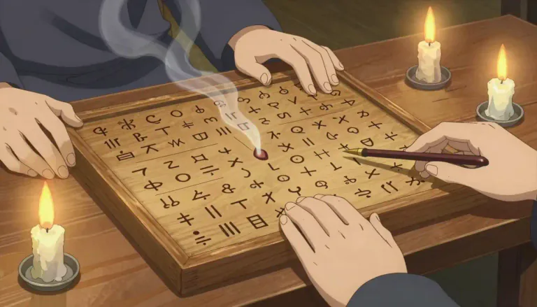 Visual representation of "ouija" - A board used in a method for seeking spiritual communication, which involves allowing a pointer to move to letters or numbers.