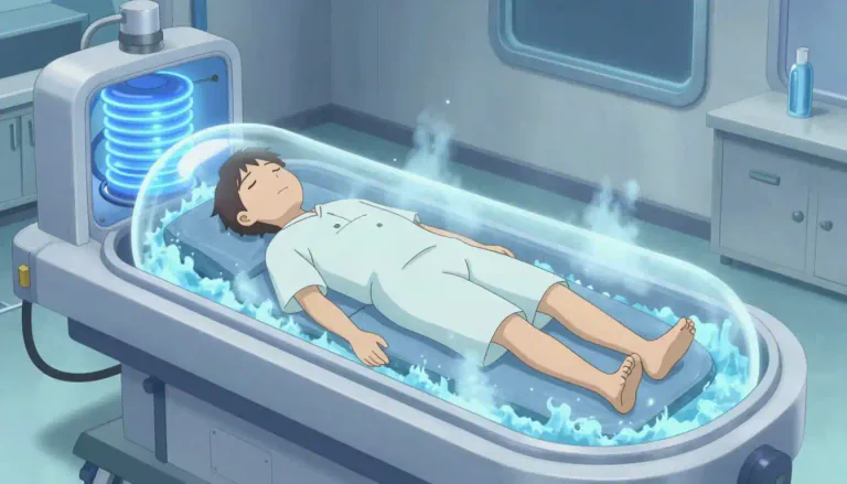Visual representation of "cryonic" - Relating to the preservation of human bodies at low temperatures, with the belief that future technology can restore life.