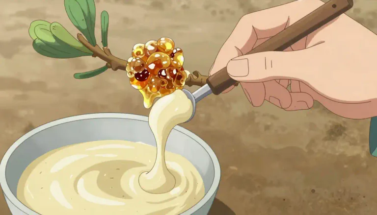Visual representation of "tragacanth" - A type of gum produced from the sap of certain plants, especially used as a thickening agent in foods.