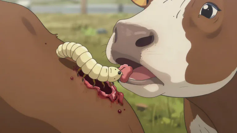 Visual representation of "screwworm" - A type of fly larva that infests and feeds on the flesh of animals, especially causing severe harm to livestock.
