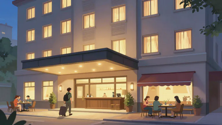 Visual representation of "hotel" - A place where people, often travelers, pay to sleep and eat meals