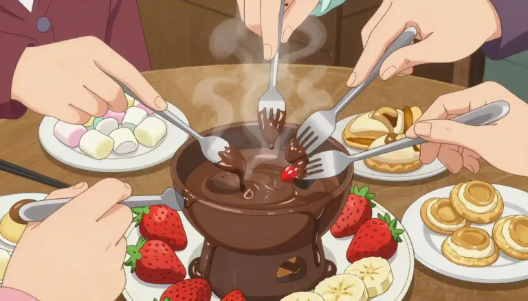 Visual representation of "fondue" - A dish made with melted chocolate into which fruits or pastries can be dipped.