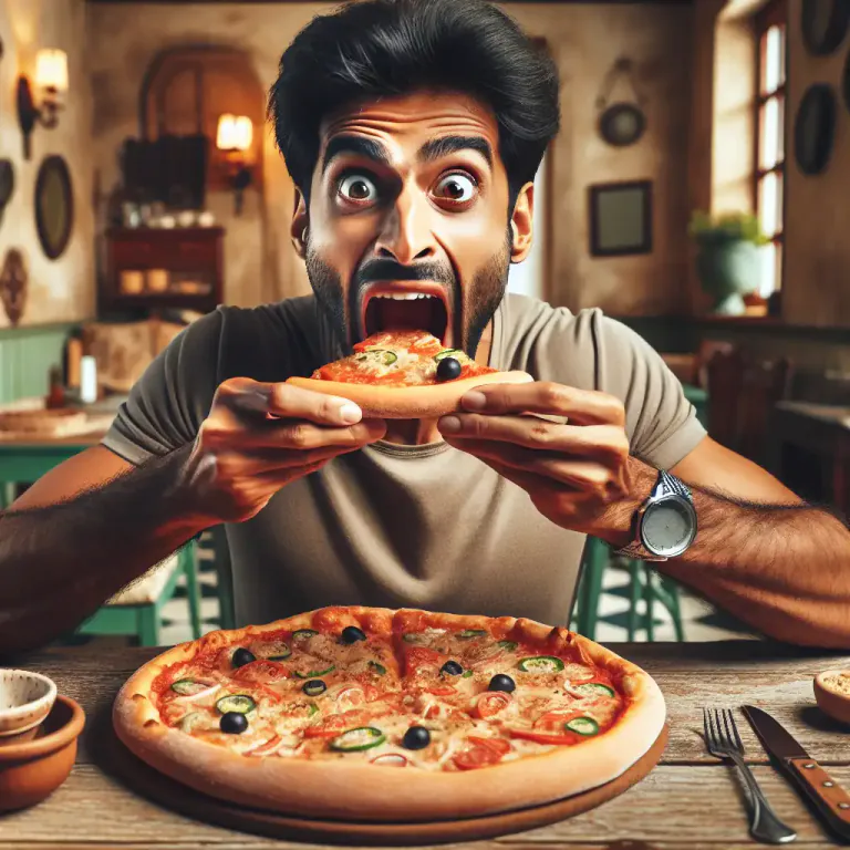 Visual representation of "scoff" - To eat something quickly and eagerly.