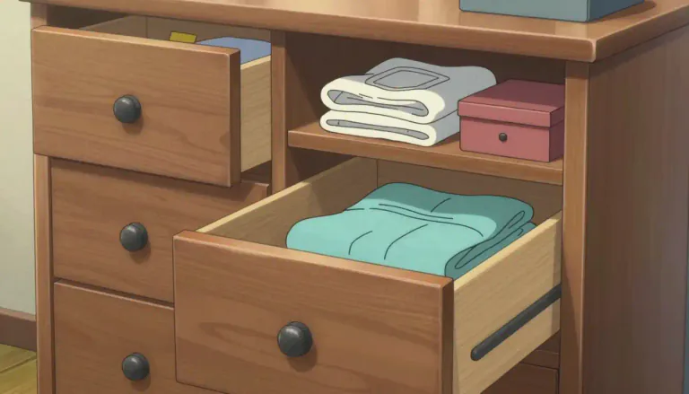 Visual representation of "commode" - A piece of furniture with drawers and shelves for storing things.