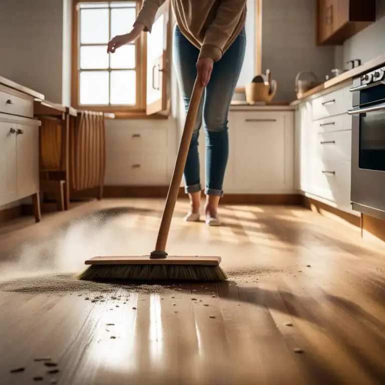 Visual representation of "sweep up" - To clean something, usually a floor, using a brush or broom