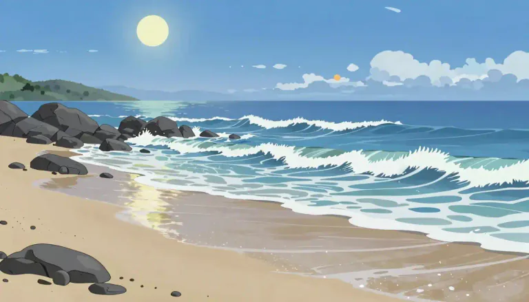 Visual representation of "tide" - The rise and fall of the sea level caused by the gravity of the moon and sun.