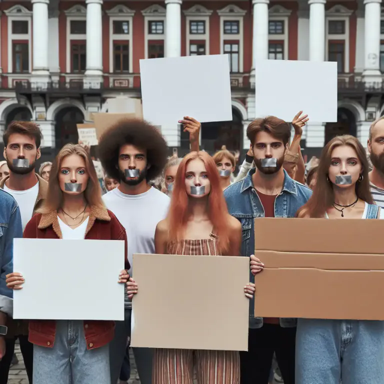 Visual representation of "mutism" - A tactic used during a protest where protesters refuse to speak