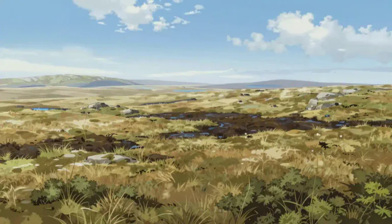 Visual representation of "moorland" - An area of open land without trees, with coarse grass, small shrubs, or peat bogs, usually remote from towns or cities.