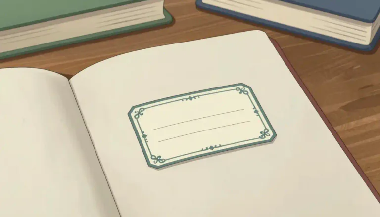 Visual representation of "bookplate" - A small paper or piece of parchment that is stuck in the inside front of a book, showing the name of the book's owner.