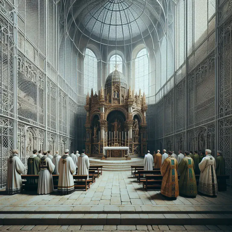 Visual representation of "presbytery" - In architecture, it's the space around the altar in a church for the clergy and choir, often enclosed by lattice or railing.
