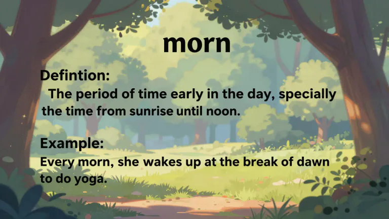 Visual representation of "morn" - The period of time early in the day, specifically the time from sunrise until noon.