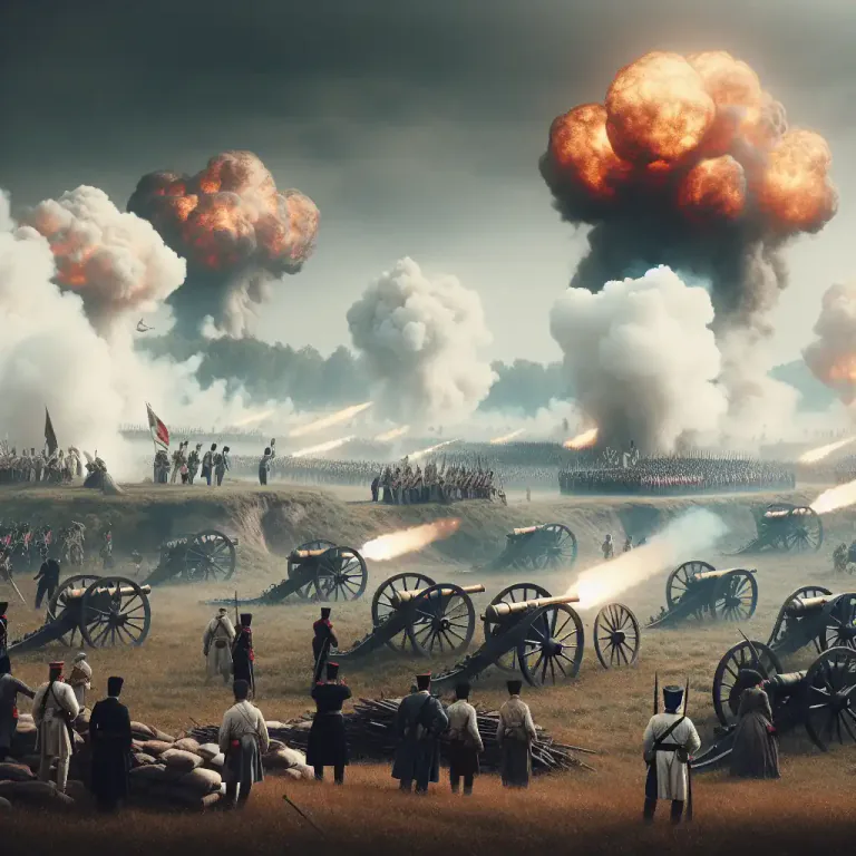Visual representation of "cannonade" - A continuous firing of artillery. It's like a long, loud series of explosions from cannons.