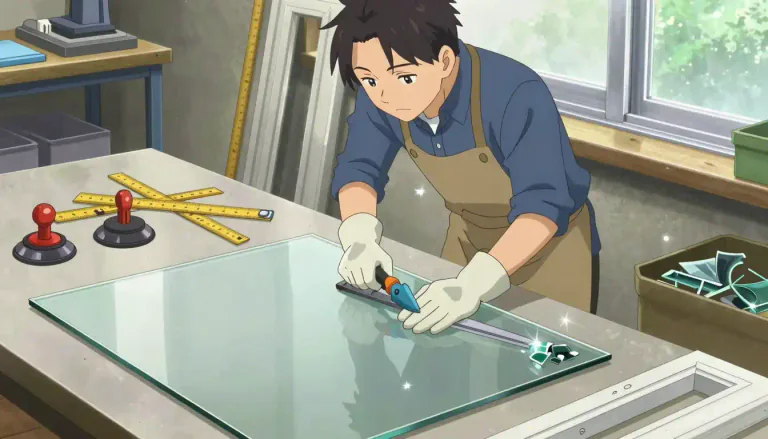 Visual representation of "glazier" - A person who is skilled in cutting, fitting and installing glass in windows, doors and other items.