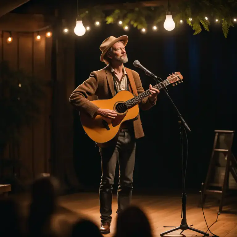 Visual representation of "troubadour" - A modern singer or songwriter who performs folk music and ballads.