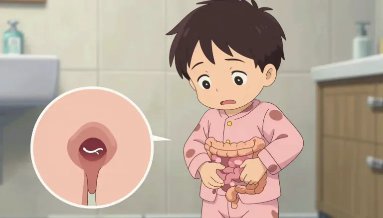 Visual representation of "threadworm" - A tiny worm that lives in the gut, often causing itching around the anus, especially in children.