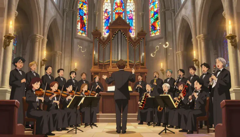 Visual representation of "cantata" - A large piece of music for voices and instruments, telling a story or on a specific theme, often found in religious ceremonies.