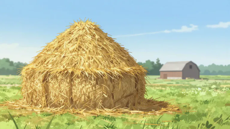 Visual representation of "haystack" - A stack of straw or hay in a field or farm.