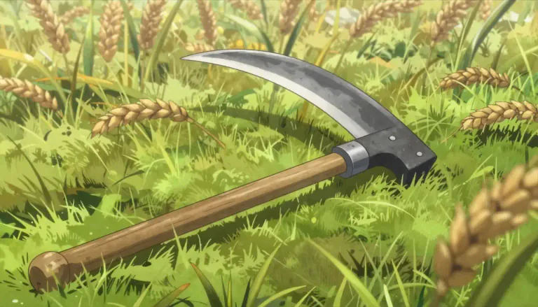 Visual representation of "scythe" - A tool with a long handle and a curved blade used for cutting long grass and grain by hand.
