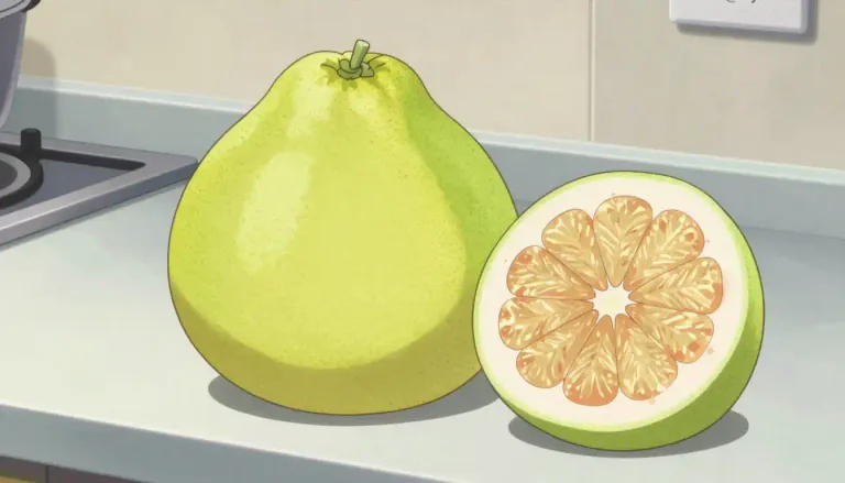Visual representation of "pomelo" - A type of fruit, larger than a grapefruit, with sweet and a bit sour taste.