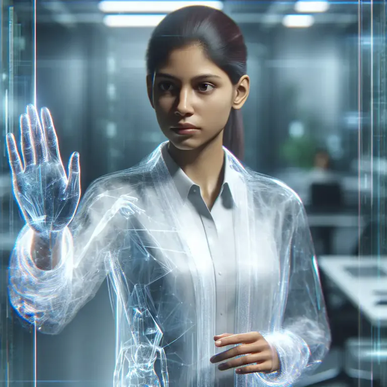 Visual representation of "hologram" - A virtual image that can interact with humans, often seen in science fiction.