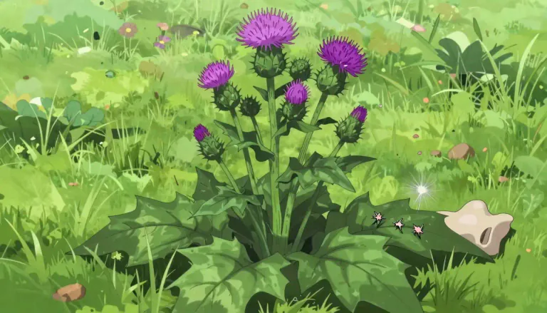 Visual representation of "burdock" - A plant with big leaves and purple flowers, known for stickiness of its seeds.