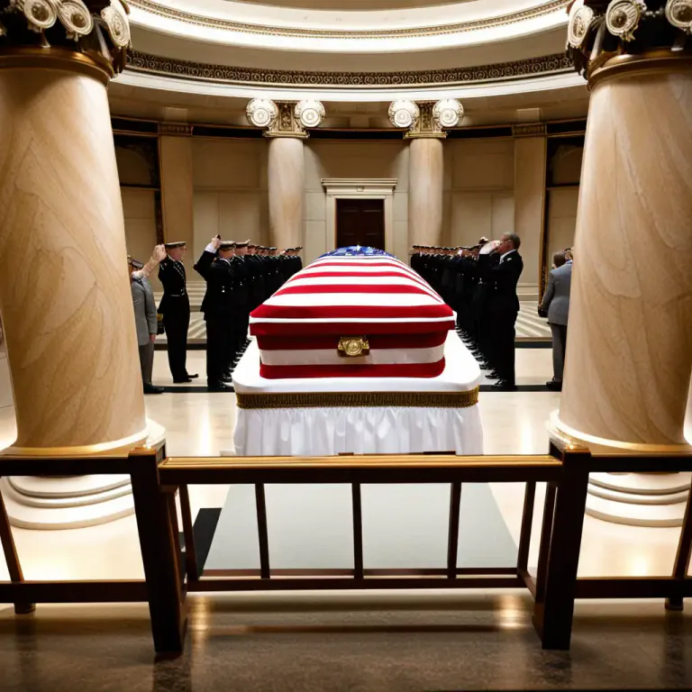 Visual representation of "lie in state" - When a deceased person, usually a political leader or a famous figure, is placed in a public area so that people can pay their respects and honor them.
