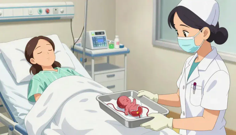Visual representation of "afterbirth" - The material, like the placenta, that comes out from a woman's body after she gives birth to a baby.
