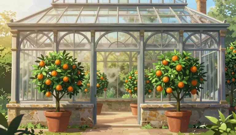 Visual representation of "orangery" - A large building or space, similar to a greenhouse, used for growing oranges and other fruit trees in a cool climate.