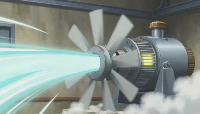 Visual representation of "turbine" - A machine that uses the flow of fluid (like air, steam, or water) to spin a wheel and produce power