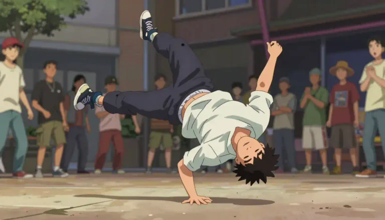 Visual representation of "breakdancing" - A style of street dance that includes energetic moves, often on the hands, feet and head, with elements of gymnastics and acrobatics.