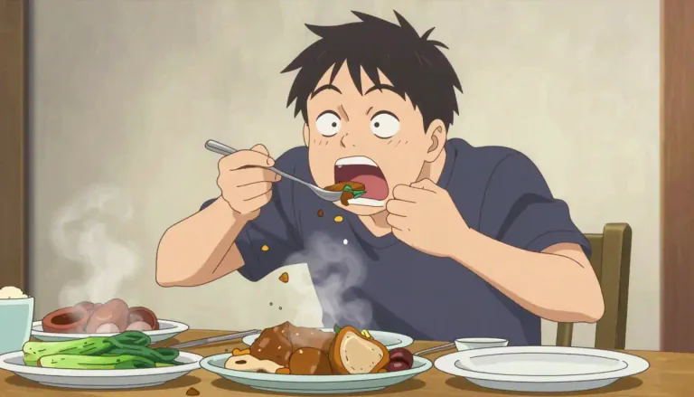 Visual representation of "devour" - To eat food quickly and in large amounts.