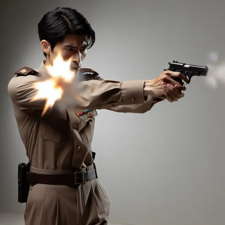 Visual representation of "discharge" - To fire a gun or shoot a weapon.