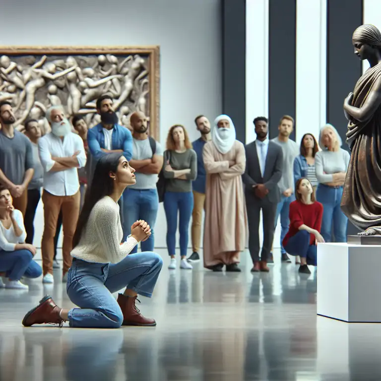 Visual representation of "genuflect" - to show a lot of respect or admiration for someone or something, often too much