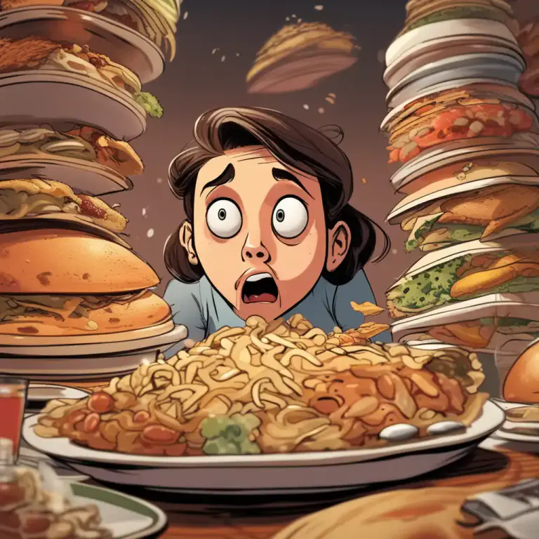 Visual representation of "somebody’s eyes are bigger than their stomach" - Someone wants to consume more than they can handle or is needed.