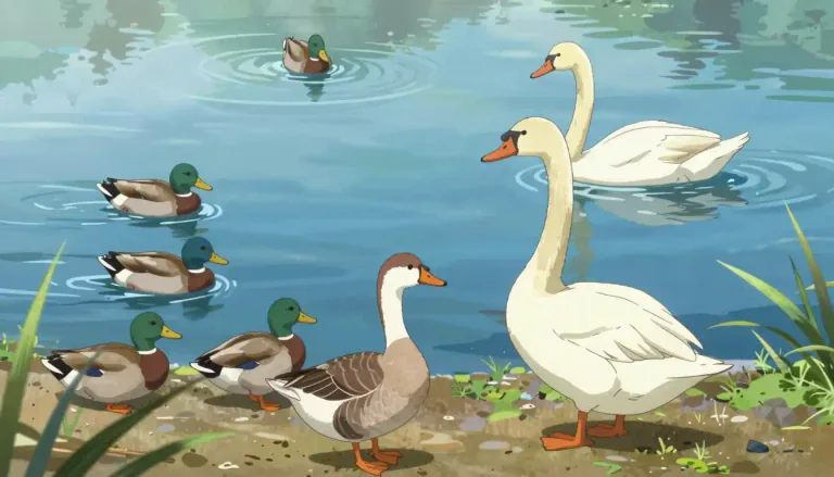 Visual representation of "waterfowl" - Birds that live near water, like ducks, geese, or swans.