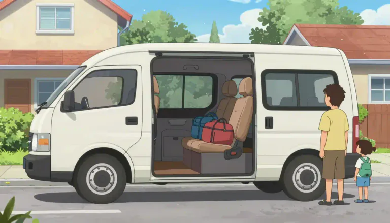 Visual representation of "minivan" - A vehicle that is larger than a car, but smaller than a truck, often used by families to carry many people and things at once.