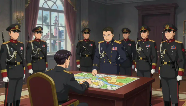 Visual representation of "junta" - A small group of people, usually military officers, who rule a country after taking power by force.