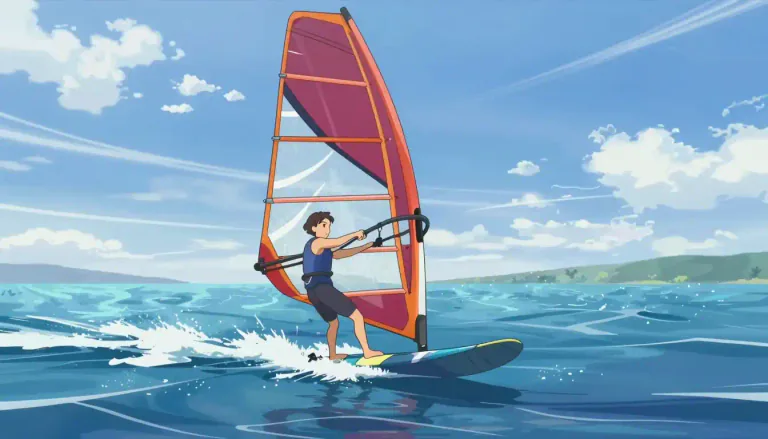 Visual representation of "windsurf" - The sport or activity of using a board with a sail on it and the wind to move across water.