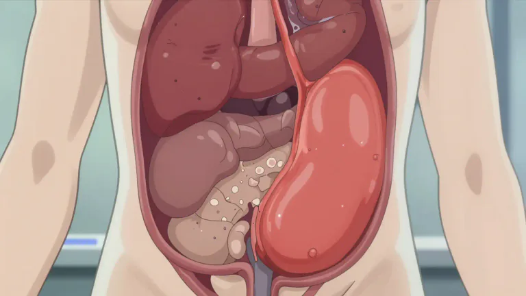 Visual representation of "peritonitis" - It is an illness where the thin tissue that lines the inside wall of the abdomen and covers most of the abdominal organs becomes swollen.