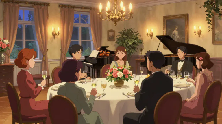 Visual representation of "soiree" - An evening party or gathering for conversation or music