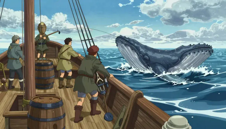Visual representation of "whaling" - The job or activity of hunting and killing whales for their oil, meat, or whalebone
