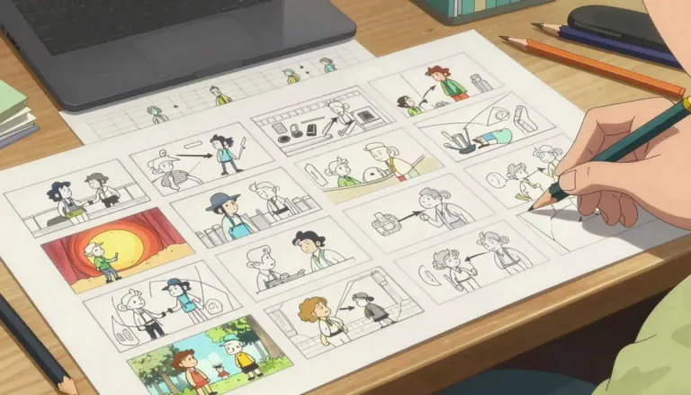 Visual representation of "storyboarding" - The process of illustrating or planning something such as a film or animation in the form of consecutive drawings or diagrams.